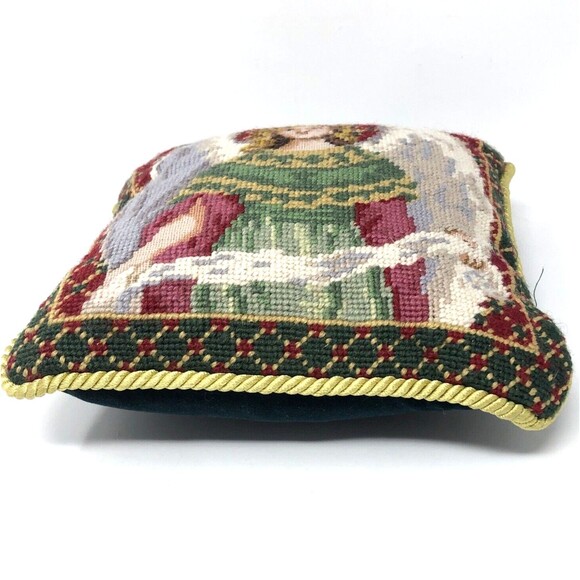 Handmade Wool Needlepoint Pillow 9” Vintage Victorian Angel Green Velvet Back - Picture 6 of 12